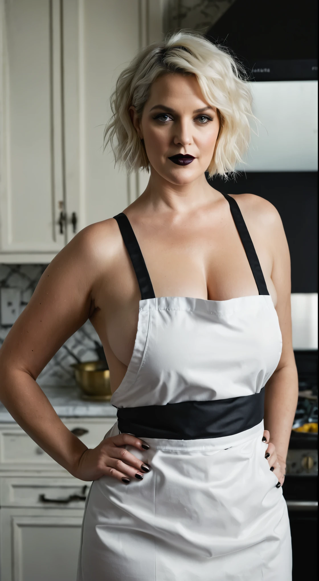 Wearing a naked apron, cooking apron, in the kitchen, mommy figure, naughty momma, cooking mommy, Looks like Drew Barrymore, bulky figure, full figured woman, extremely gorgeous, stunning beauty, sexiest milf, true milf, milf goddes, smokin' hot, mature lady, 70 years old Woman, curvy, fleshy, Plus size beauty, chubby, sweat, sexy outfit, thick figure, bulky figure, heavy figure, fleshy body, fleshy arms, pawg beauty, thick ass, sensual dress, sexy tank top, ((Master piece, very realistic, best quality, highly detailed, Frontal view, DELICATE, PORTRAIT, WOMAN 50yo, AESTHETIC)) shallow depth of field, realism, photography, good proportions, narrow depth of field, tilt shift look, bokeh, anamorphic look, cinematic, dark and moody, ((a pale white complexion MODE with short WHITE color hair and bangs and smokey eye makeup, BLACK lips)), sweating body, wet skin, wearing black fashion designed by Rick Owens, a dark photograph by Tim Walker and Tom Hoops and Matt Mahurin, a dark liminal space, a desolate seedy hotel room with peeling wallpaper and black painted walls, symbolism, primordial fluids, uneasy feeling, dark occult imagery, melancholic ((very aesthetic)), busy in cooking, wearing a short naked apron only,