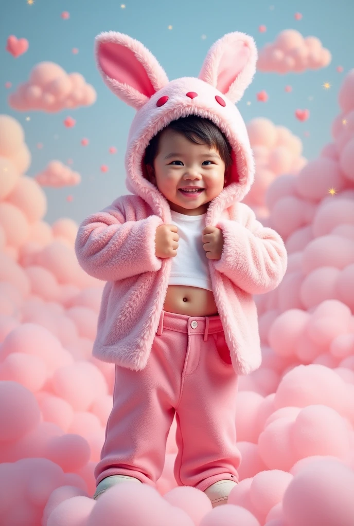 Slightly chuby young Filipino man in pink fluffy fur cardigan, fluffy bunny hat, white croptop, wide pink pants, and white shoes