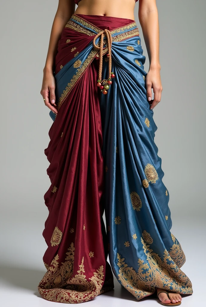 Garment Concept:
Style: A modern fusion of a palazzo pant and a dhoti.
Design:The garment features wide-legged palazzo pants that have a draped, layered effect resembling a dhoti.The front panel has pleats that create a flowing, wrap-around look typical of a traditional dhoti, while the back remains sleek and fitted like palazzo pants.The fabric choice is crucial: opt for rich silks, brocades, or cotton with traditional Indian patterns like paisley, floral motifs, or block prints.Embellishments such as zari work, mirror work, or subtle embroidery on the waistline and hem add an elegant Indian touch.Waistline:The waist is high-rise, with a drawstring or elastic band, often seen in Indian garments like salwars or lehengas.The drawstring can be adorned with tassels or small ghungroos for added flair.Color Palette:Go for vibrant colors like deep maroon, royal blue, or emerald green, which are popular in Indian attire.Alternatively, pastels with gold accents can give a more contemporary yet traditional vibe.