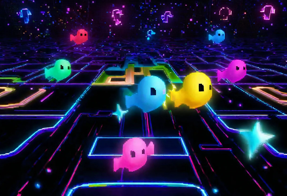 a highly stylized arcade character pacman chasing colorful ghosts,a starry night sky background,intense arcade action,neon vibrant colors,dynamic movement,abstract futuristic landscape,digital art,3d render,cinematic lighting,glowing effects,hyper detailed,vibrant palette