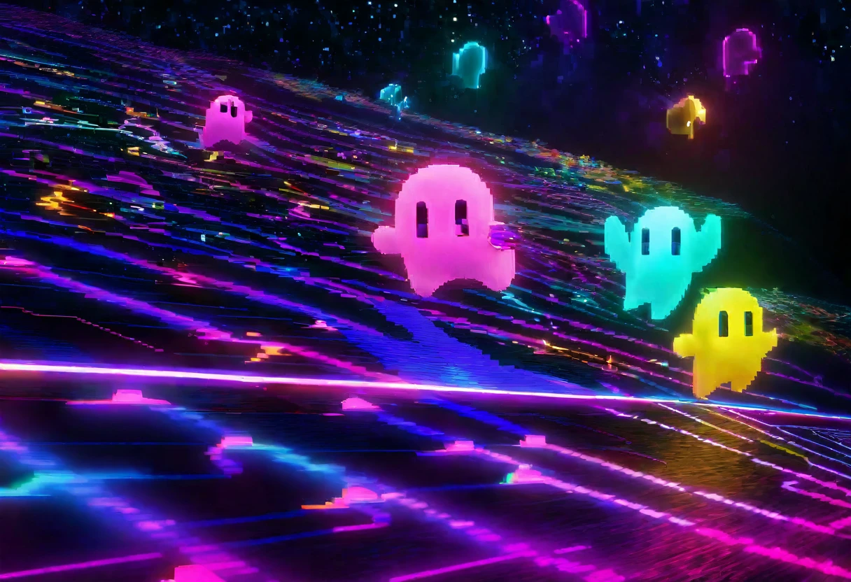 a highly stylized arcade character pacman chasing colorful ghosts,a starry night sky background,intense arcade action,neon vibrant colors,dynamic movement,abstract futuristic landscape,digital art,3d render,cinematic lighting,glowing effects,hyper detailed,vibrant palette