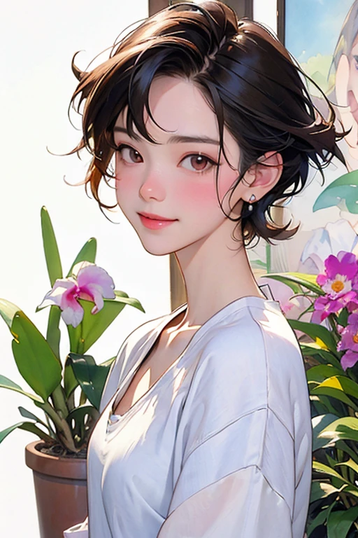 (Highest quality、High resolution、masterpiece)、4K Anime Art、((Cattleya, Potted plants、alone, Three Flowers, close, whole body, full bloom, ))、(Portraiture、whole body、front)、(One Woman、20-year-old、Potted plantsのCattleyaの花を抱え持つ、short hair、A kind smile、Small breasts)、Soft Focus、((Sargent-style watercolor))、((White Background))、(No background)、Blur the background、