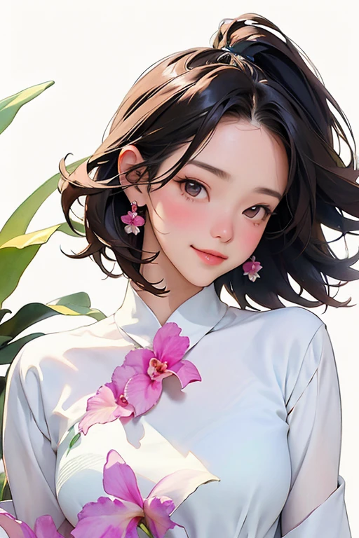 (Highest quality、High resolution、masterpiece)、4K Anime Art、((Cattleya, Potted plants、alone, Three Flowers, close, whole body, full bloom, ))、(Portraiture、whole body、front)、(One Woman、20-year-old、Potted plantsのCattleyaの花を抱え持つ、short hair、A kind smile、Small breasts)、Soft Focus、((Sargent-style watercolor))、((White Background))、(No background)、Blur the background、