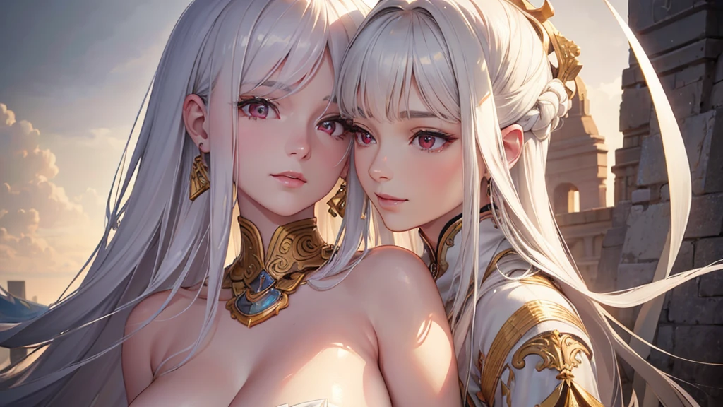 a beautiful woman, slim and muscular, with sharp ears, pale grey skin, long curly white hair, red eyes, smiling, playing a biwa, (best quality,4k,8k,highres,masterpiece:1.2),ultra-detailed,(realistic,photorealistic,photo-realistic:1.37),detailed facial features,extremely detailed eyes and face,longeyelashes,intricate,elegant,graceful,calming,serene,warm lighting,natural colors,detailed background