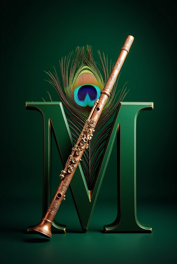 A flute adorned with intricate details is placed diagonally across a large, stylized green letter "M". Behind the flute is a vibrant small peacock feather, adding a touch of colorful elegance to the composition. The background is green effect with dark, making the elements stand out distinctly.follwers decoration
