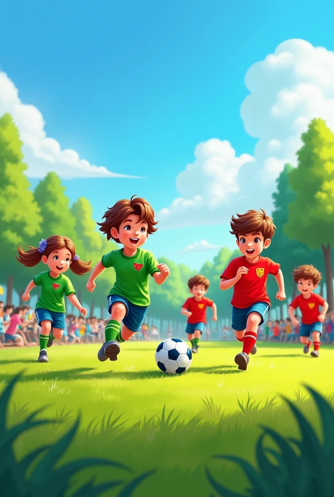 Two teams of children playing soccer, one with a green uniform and a bull insignia, the other with a red uniform and a dragon insignia