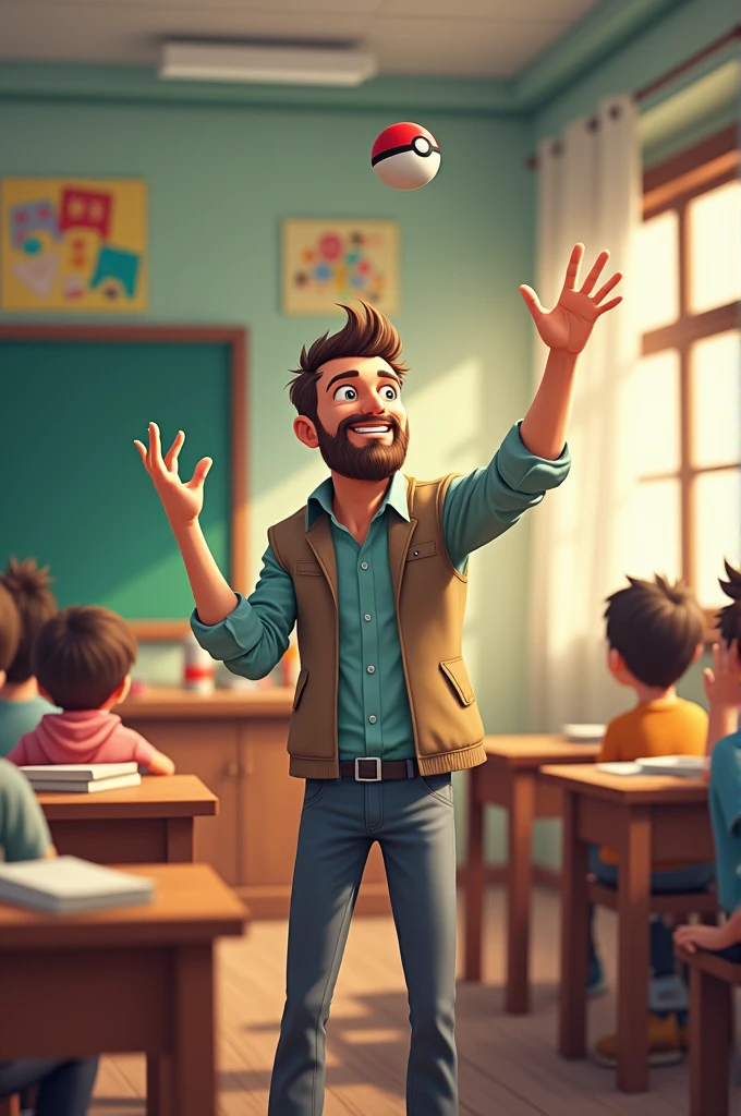 Short black hair teacher with beard, hand throwing a pokeball. School