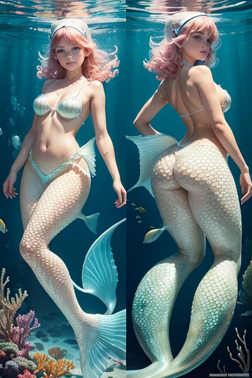 A sexy 13-yr european girl is illuminating(( wearing a fish head band))(( wearing transparent illuminating mermaids costume sexy full body detail anatomy figure)), wearing transparent two piece scally detailed on skin, wearing scally fish like skin texture body, lifting up plump pussy , wavy pink short m hairstyles from the flow water, ((having fish tails instead of toes))( fish fins ears))(scally fish arms, torso, bottom, face, neck, shoulder & legs))((showing face near camera)) (accurate details of hands & fingers)) hard big errect nipples, open legs splitting position,exposed pussy line, exposed illuminating panties, exposed pussyline, smiling with teeth exposed. Sparkling gray eyes, charms, face details & fucos skin texture colored white, swimming under the ocean showing corals, urchins, fish, turtle, whale, bubbles of air for accurate background masterpiece ((with illuminating full white crystalline gemstone illuminating fish like scales skin textured all over her body)) ((with gills)) swimming with ocean current waves under the sea,( many different perspective view character profile , front view, side view, rear view, of same face & clothing girls posing deferent angle))(( perfect details of mermaid body and tail fin anantomy))