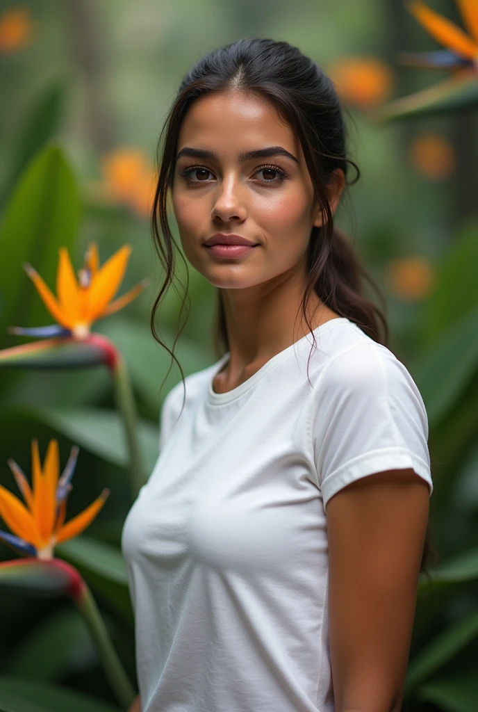 (photorealism:1.2), young latina woman whose face Is a merge of Aubrey plaza And Megan Fox And Mila Kunis And the average mexican woman face features, except her face has oval shape has small narrow forehead, low hairline, downturned eyes, straight eyebrows And straight wide nose, small mouth, of Curvy silhouette, brown skin, her hair Is dark chocolate in a low ponytail, wearing a white tshirt, tropical forest in the back ground.