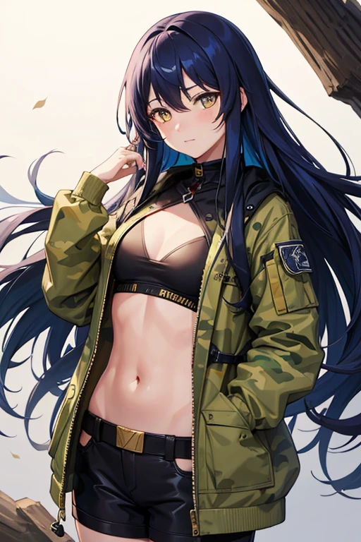 One person, solo, High resolution, Long Hair, chest, Blushing, Blue Hair,Golden Eyes,Yellow Eyes,Wearing camouflage clothing,The background is New York