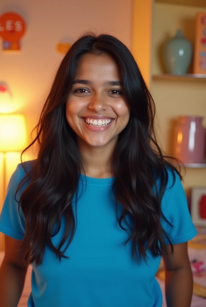 Create a realistic photograph of a smiling and beautiful indian young girl Ayesha in blue top carrying a large chubby man on her shoulders in a room, man is sitting on top of her shoulders , man on top, woman at bottom 