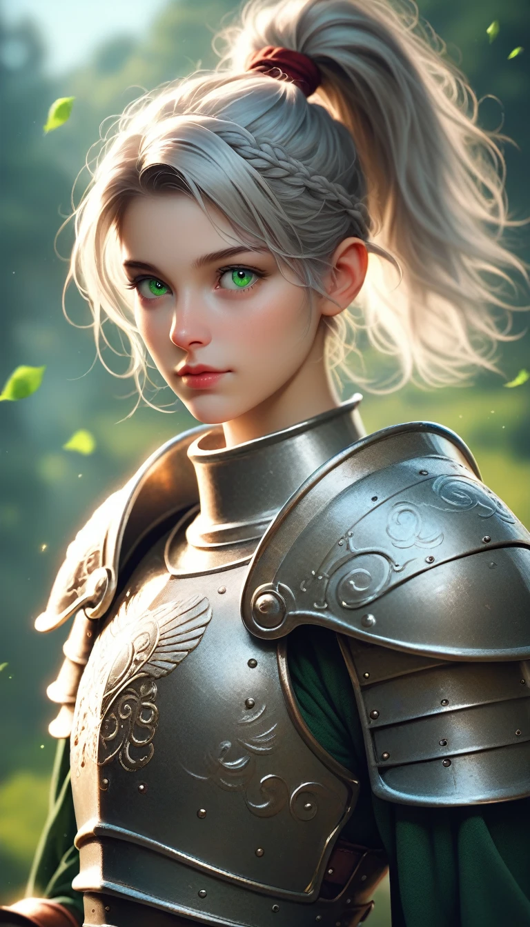 (8K,Best quality,art in style of b/w manga),Ancient European realistic style armor,Silver-haired female knight,Green emerald pupils,High ponytail,Wearing silver-white armor,Delicate facial features,The drawing style is similar to that of characters in anime,Boots,Gaiters,with a pure white background,Character design,quadratic element,Include a small amount of introductory text