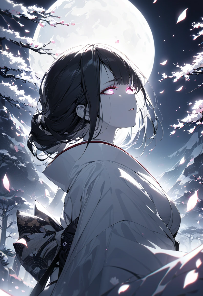 (masterpiece:1,2), Highest quality, masterpiece, High resolution, original, Very detailed壁紙, Perfect lighting,geisha, kimono,tattoo,(((Black and White))),Very detailed,alone,Cold Eyes,look up,Glowing Eyes,Goodbye,moon,Black Hair,petal,sexy