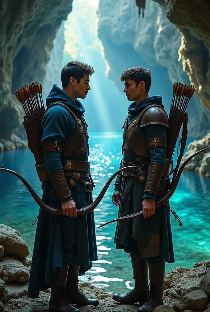 A 3D character, two young adults gentleman Carry a bow and arrow while looking at magical lake inse a cave 
