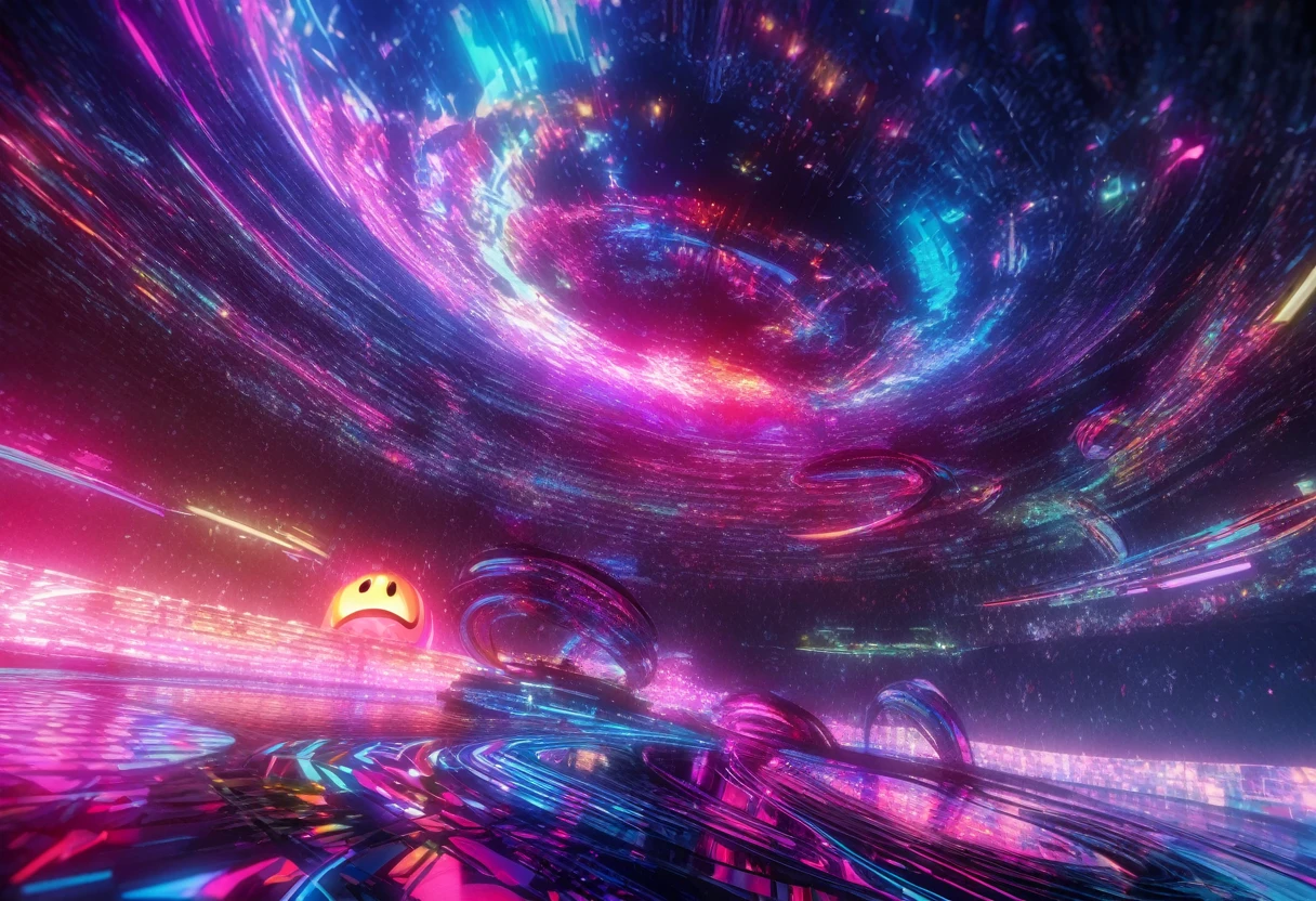 a highly stylized arcade character pacman chasing colorful ghosts,a starry night sky background,intense arcade action,neon vibrant colors,dynamic movement,abstract futuristic landscape,digital art,3d render,cinematic lighting,glowing effects,hyper detailed,vibrant palette
