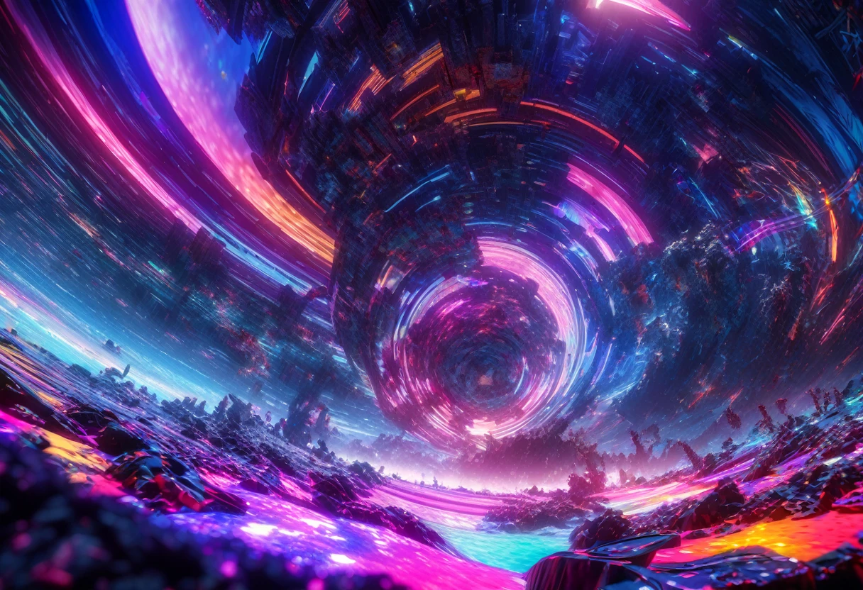 a highly stylized arcade character pacman chasing colorful ghosts,a starry night sky background,intense arcade action,neon vibrant colors,dynamic movement,abstract futuristic landscape,digital art,3d render,cinematic lighting,glowing effects,hyper detailed,vibrant palette