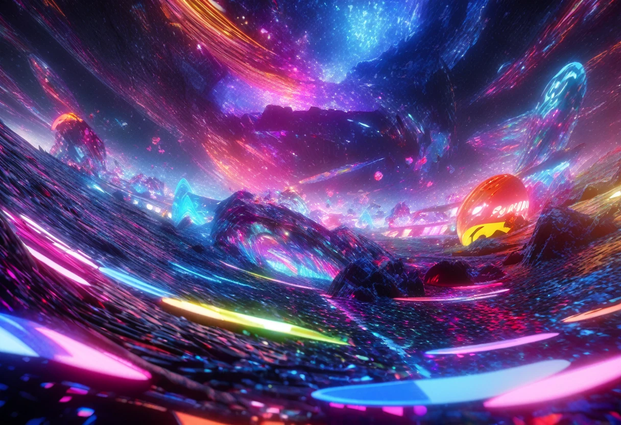 a highly stylized arcade character pacman chasing colorful ghosts,a starry night sky background,intense arcade action,neon vibrant colors,dynamic movement,abstract futuristic landscape,digital art,3d render,cinematic lighting,glowing effects,hyper detailed,vibrant palette
