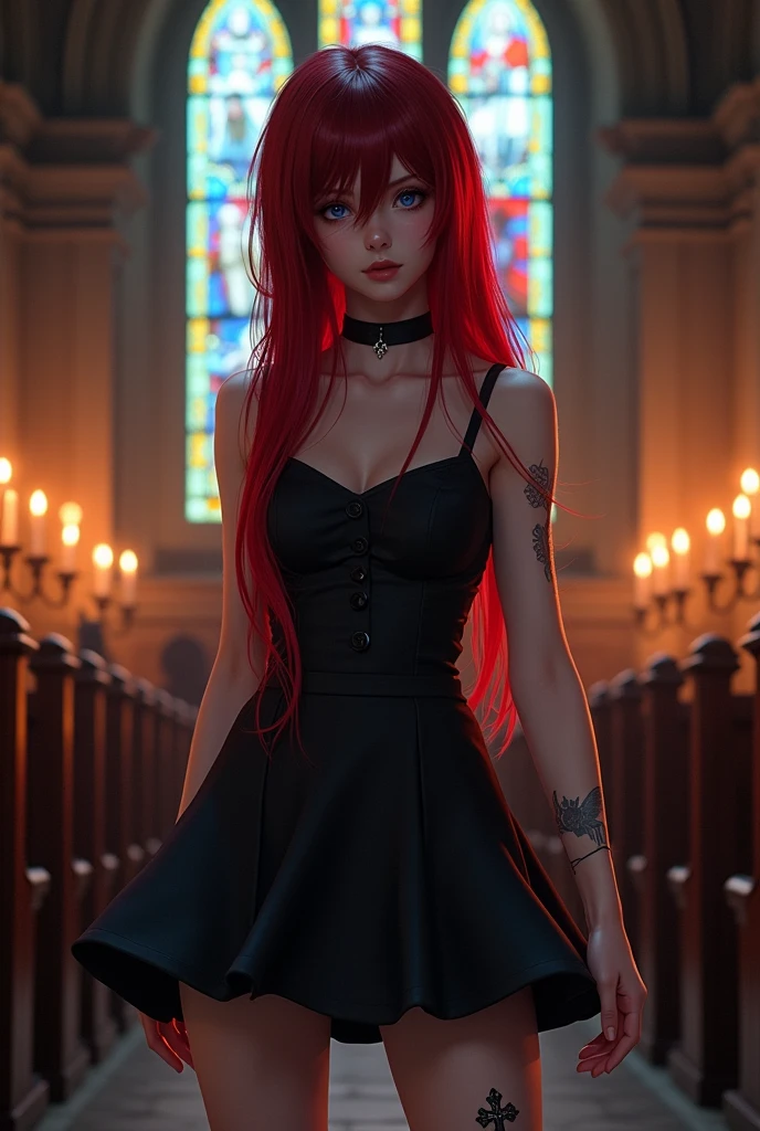 Chapel, somewhat short outfit, similar to a skirt that looks a bit like the belly and the character is a bit emo, and a face and the hair is not very short, the hair color is red, the highlights and the hair are half black, the character has two tattoo a cross and a star