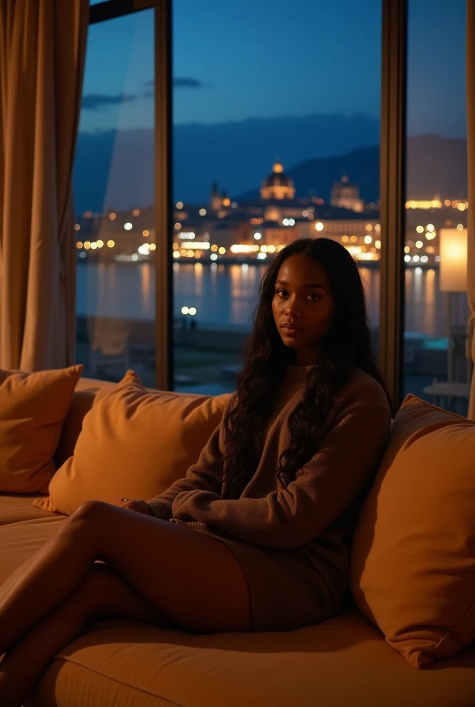african girl, 19 ans, long black hair, sitting in a large luxury modern living room, tan furniture, dark lighting, night, panoramic view of italy out of the window, wearing pacsun