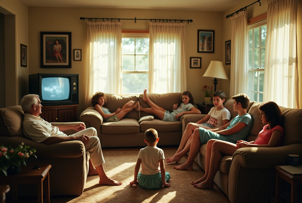 1990s,,bungalow,Housing,summer,Some people sit together,Everyone watches a black and white TV,There were old people,Child,youth,Everyone has their backs to the audience,Retro