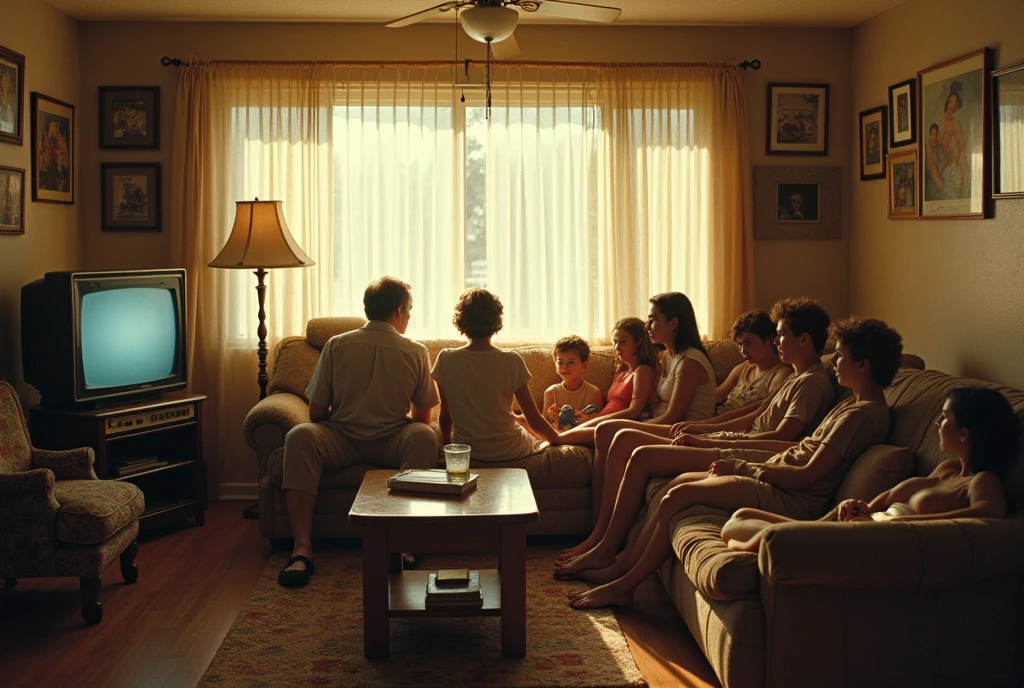 1990s,,bungalow,Housing,summer,Some people sit together,Everyone watches a black and white TV,There were old people,Child,youth,Everyone has their backs to the audience,Retro