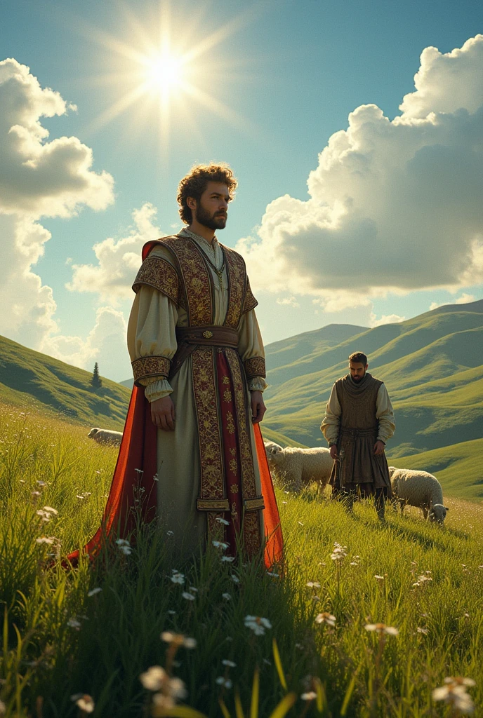 (photorealism:1.2), Merlin is a young man wearing rare clothes next to a farmer using medieval clothes in the fields with animals part 3