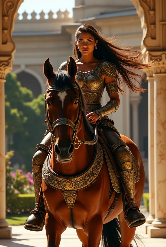 A female warrior riding large brown horse,high cheekbones,glowing dark tan skin,moghul armor,long brown hair blowing in the palace , The princess has kept her enemies captive in the palace.