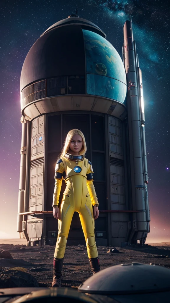 (young, , Blonde, Realistic, Pale skin), (yellow (eye:1.2)), (Slim figure:1.3), (fantasy space suit), Beautiful Face, Symmetrical face, Greg Rutkowski, Wlop and Sam Kuvshinov, (Long Hair), Blondeのまつげ, Big Iris, Large pupils, whole body, Standing with the space station in the background, Art Station, 8k, sf, pastel colour, Props, panel, concept, Futuristic, Gribble, Simon Stahlenhag, space, in outer space, a spaceship in the sky, Technical Blocks