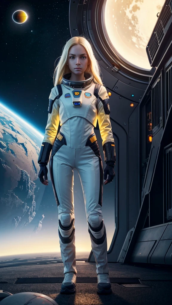 (young, , Blonde, Realistic, Pale skin), (yellow (eye:1.2)), (Slim figure:1.3), (fantasy space suit), Beautiful Face, Symmetrical face, Greg Rutkowski, Wlop and Sam Kuvshinov, (Long Hair), Blondeのまつげ, Big Iris, Large pupils, whole body, Standing with the space station in the background, Art Station, 8k, sf, pastel colour, Props, panel, concept, Futuristic, Gribble, Simon Stahlenhag, space, in outer space, a spaceship in the sky, Technical Blocks