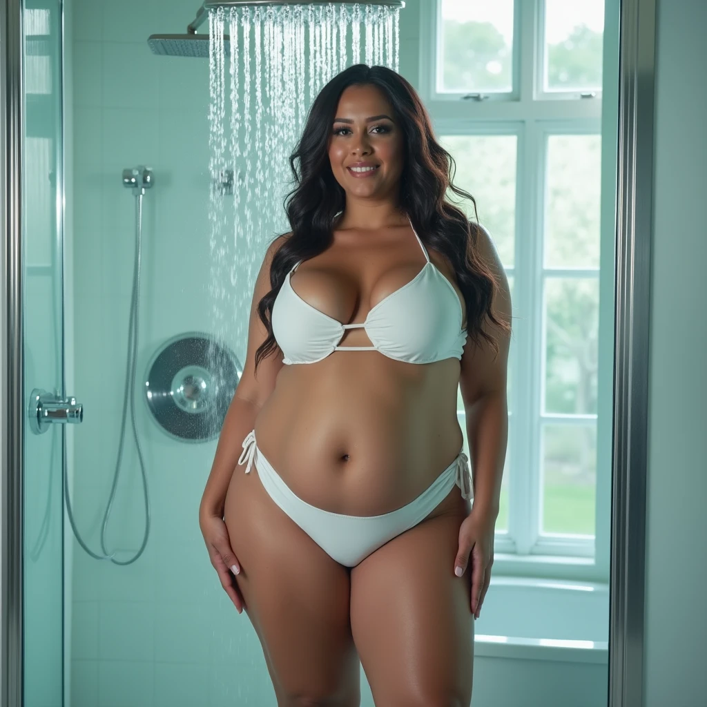 Plus size model woman is obese and fat, weighing 200kg, with a lot of fat on her belly and buttocks, she gained weight by eating too much, she is an obese plus size model with a very large belly, her belly is bulging and covered with a lot of fat, she is an American sumo wrestler wearing a white bikini swimsuit and taking a shower in a glass shower room, 4K quality