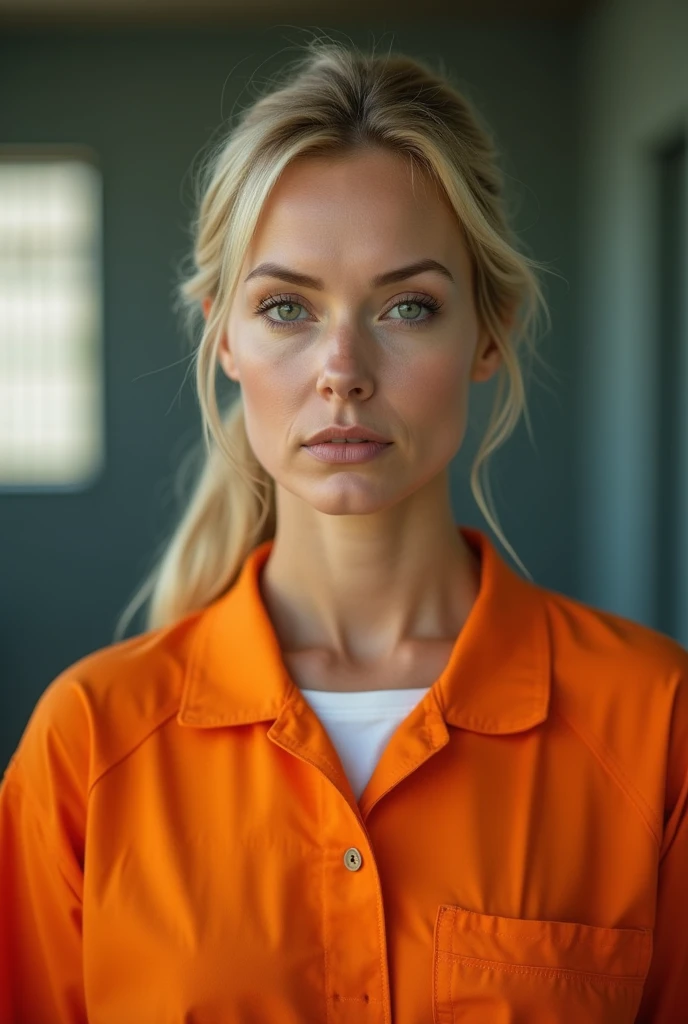 (Photorealism:1.2), one white woman in orange prisoner jumpsuit, 40 years old, portrait, blond, ponytail haircut, frontal, neutral facial expression, high resolution, 4K, UHD, high detail skin Texturen, no makeup