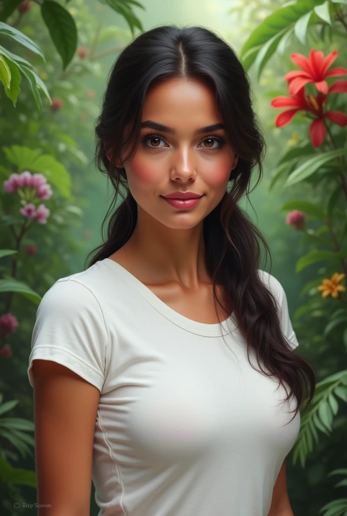 (photorealism:1.2), young latina woman whose face Is a merge of Aubrey plaza And Megan Fox And Mila Kunis And the average mexican woman face features, except her face has oval shape has small narrow forehead, low hairline, downturned eyes, straight eyebrows And straight wide nose, small mouth, of Curvy silhouette, brown skin, her hair Is dark chocolate in a low ponytail, wearing a white tshirt, tropical forest in the back ground.