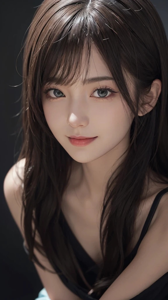 (Ultra Realistic), (Illustration), (High Resolution), (8K), (Very Detailed), (Best Illustration), (Beautiful and Detailed Eyes), (Best Quality), (Ultra Detailed), (Masterpiece), (Wallpaper), (Detailed Face), Solo, One Girl, Viewer, Fine Detail, Detailed Face, In the Dark, Deep Shadows, Low Key, pureerosfaceace_v1, Smile, Long Hair, Black shawl straight hair, 46-point diagonal bangs, full body, legs open