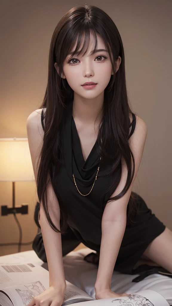 (Ultra Realistic), (Illustration), (High Resolution), (8K), (Very Detailed), (Best Illustration), (Beautiful and Detailed Eyes), (Best Quality), (Ultra Detailed), (Masterpiece), (Wallpaper), (Detailed Face), Solo, One Girl, Viewer, Fine Detail, Detailed Face, In the Dark, Deep Shadows, Low Key, pureerosfaceace_v1, Smile, Long Hair, Black shawl straight hair, 46-point diagonal bangs, full body, legs open