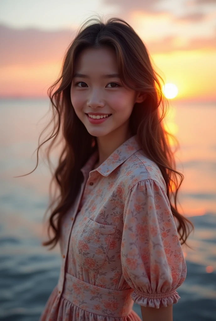 Beautiful one、Detailed eyes、、Highest quality, 超High resolution, (Reality: 1.4), Super Beauty、Beautiful Skin、Slender、Body facing forward、(Surreal)、(High resolution)、(8k)、(Beautiful and detailed eyes)、Detailed face、Bright lighting、Face Focus、Look straight ahead、(The costume is a damask shirt dress.)、Long Hair, Evening scenery、Brown Hair、Japan is an idol、、Age 20、 smile, Seascape