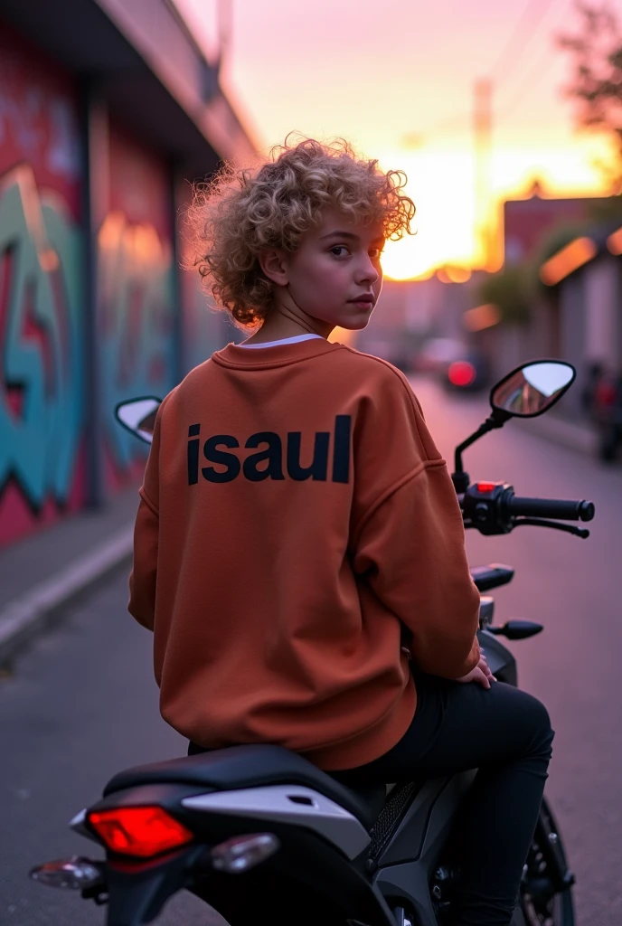 Someone with short, curly blond hair and whose sweatshirt on the back says isaul sitting on a Yamaha MT 09