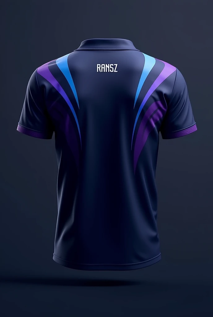 Mobile Legends Esports Team Jersey Back, Primary Colors: The back of the jersey will use a dominant navy blue base color..Color Accent: Around the shoulders and neck area, There will be purple and blue accent lines that blend together smoothly., giving a dynamic impression. This purple color will complete a cool and attractive look..Nama Pemain "RANSZ": The player&#39;s name will be placed in the center of the back in white or light blue., which contrasts with the navy background. The font used will be modern and slightly bold., make the player&#39;s name visible and prominent.More Details: The back of the jersey remains simple, tanpa banyak elemen tambahan. The focus is on the player&#39;s name "RANSZ", with color accents that emphasize the team&#39;s identity.