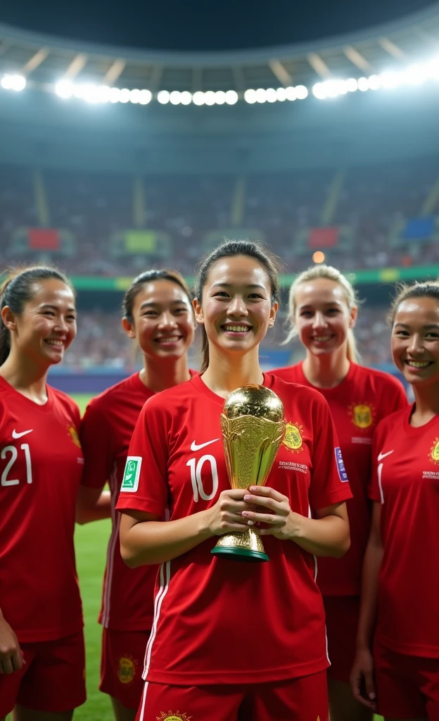 Chinese women's football，Beautiful facial features，White skin，Win the final，Holding the World Cup in front of my chest，Smiling at the camera，Half-length photo，With your teammates，World Cup stadium as background