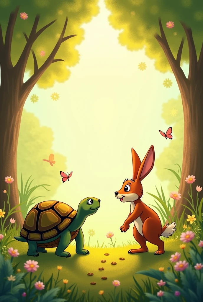 Create an A4 frame that deals with the fable of the tortoise and the hare, but leave a space in the center to put the text of the fable..
