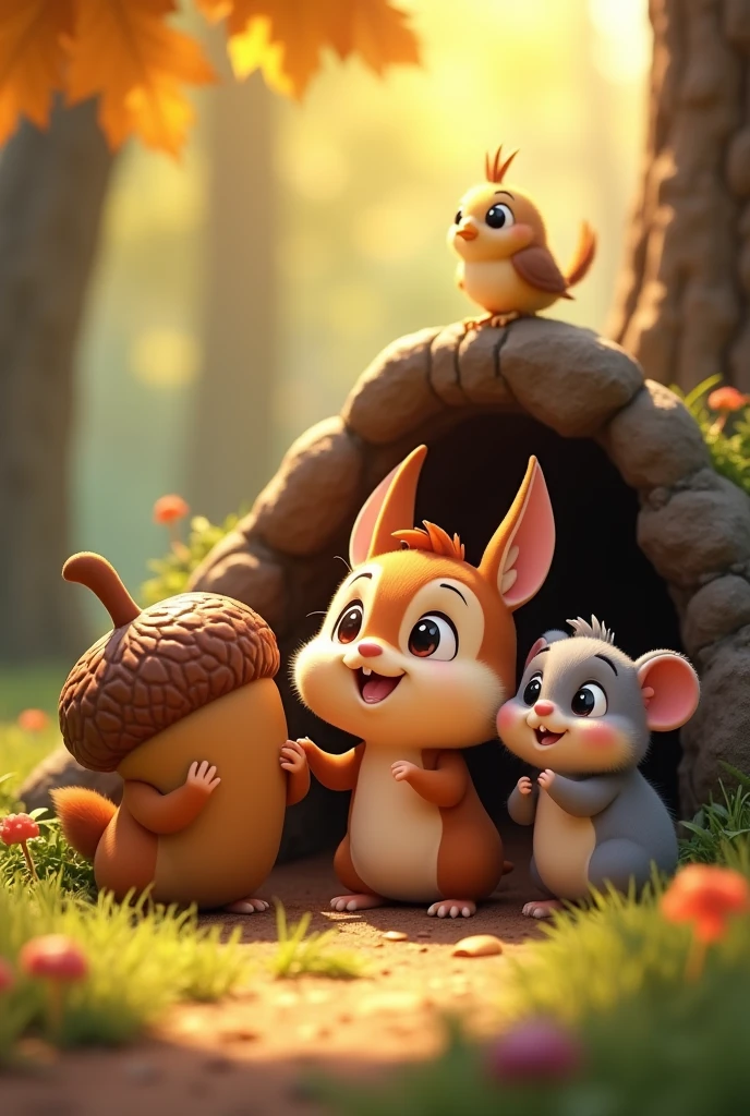 Cartoon anime 3D character of The acorn is safely nestled near the chipmunk's burrow, and all the friends—a bunny, a bird, and a mouse—are gathered around it, smiling and happy. The chipmunk looks relieved and grateful, and the scene is filled with warmth and camaraderie.