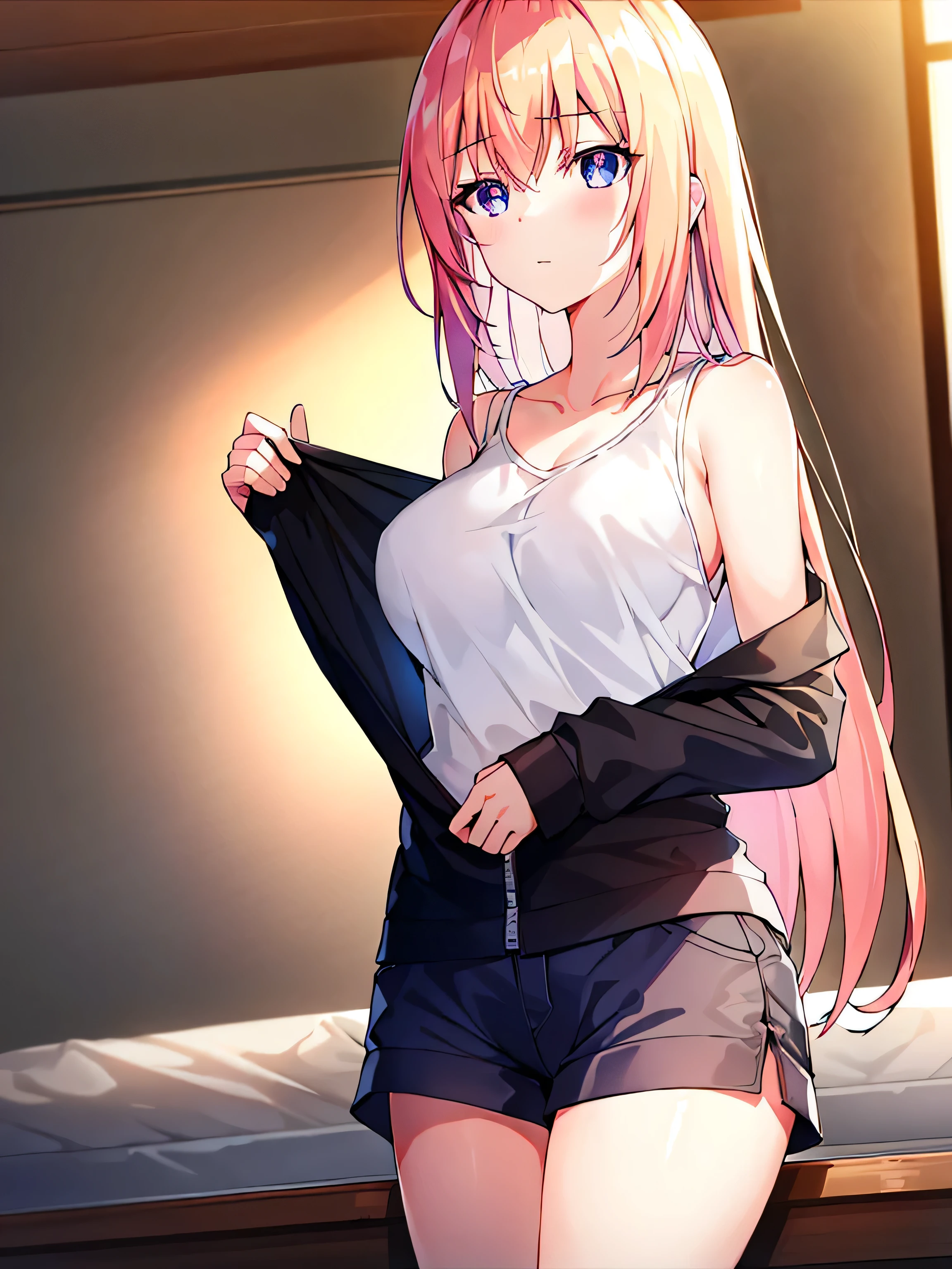 (masterpiece:1.2), best quality, high resolution, Unity 8K wallpaper, (illustration:0.8), (Beautiful and delicate eyes:1.6), Extremely detailed face, Perfect lighting, Extremely detailed CG, (Perfect hands, Perfect anatomical structure),1 girl, , Solitary, , Black_shorts, Play_, Purple Eyes, shorts, Lopez,orange color_hair, Double tail, hair_deco, fail, fail_, blush, curtain, sit, Sweating, Dutch Cupola_Cupola, indoors, fail_Play_, _Shoulder, band_Clip Slip, By Bangs, Deactivate_beak, star_(Symbolism), _top, short_shorts, star_hair_deco, window, V-shape_Eyebrows are very, clavicle, vague, Large_, _Clip Slip, Ahog, dolphin_shorts, Play_Plays, vague_background, Jewel-like, Side lock, White__top, varies through, shirt, short_Double tail, breast,nipple,underwear,White_shirt,