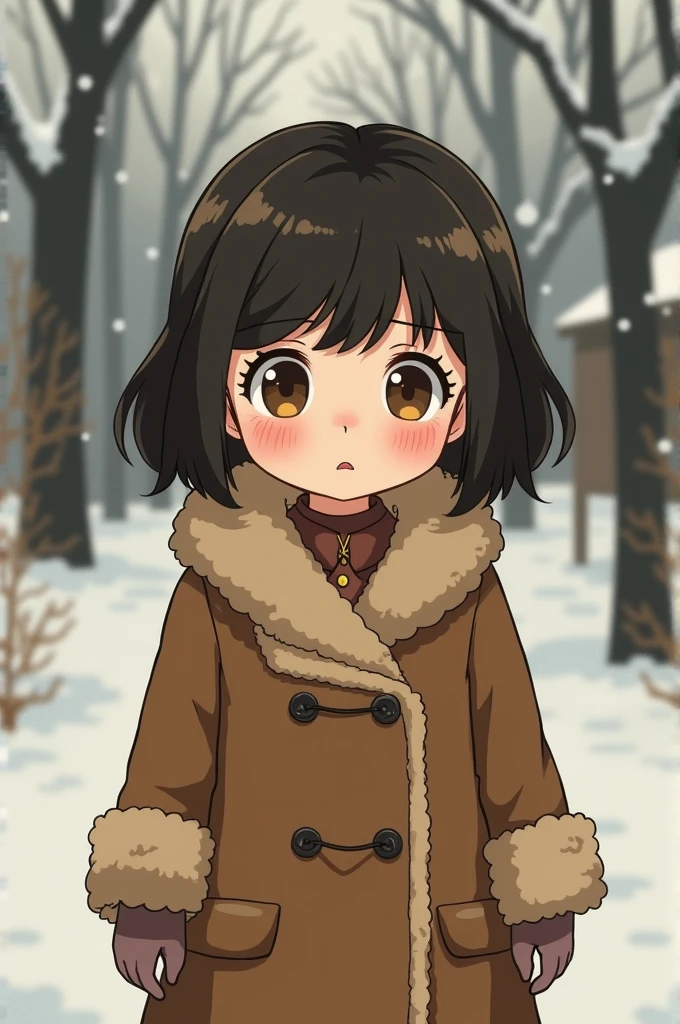 An old anime style girl. The girl is wearing Soviet clothes, brown fur, short, with a fringe and wavy. He has big brown eyes.. He also has white skin.