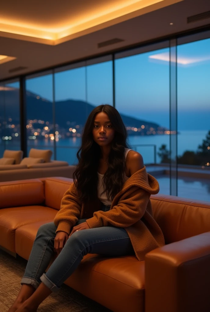 african girl, 19 ans, long black hair, sitting in a large luxury modern living room, tan furniture, dark lighting, night, panoramic view of italy out of the window, wearing pacsun