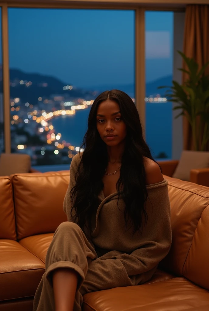 african girl, 19 ans, long black hair, sitting in a large luxury modern living room, tan furniture, dark lighting, night, panoramic view of italy out of the window, wearing pacsun