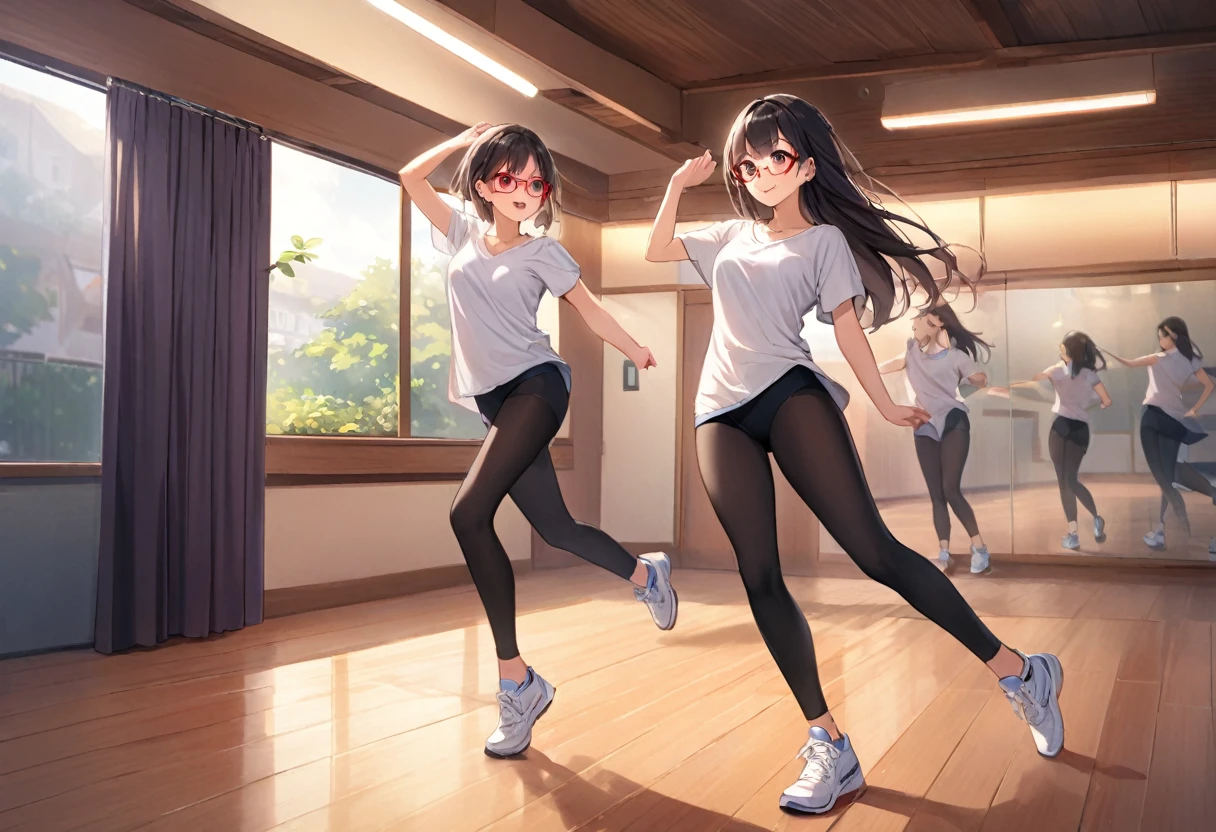 1girl, brown eyes are shining and cute, black hair, long hair, tareme, (red-rimless eyewear:1.2), star earrings, medium breasts, smile, blushful,
BREAK
loose and knee-length T-shirt with a relaxed neckline, black tights, white sneakers,
BREAK
Imagine you're in a dance studio, the room filled with the rhythm of music and the echo of your movements. A wall-mounted fan hums softly in the background, its breeze providing a refreshing relief as you move through each step of your dance routine. The cool air brushes against your skin, mixing with the heat generated by your energetic movements. As you glide, spin, and stretch, the fan's wind becomes part of your rhythm, almost as if it’s dancing with you, keeping you cool and focused. How does the fan’s breeze enhance your practice.