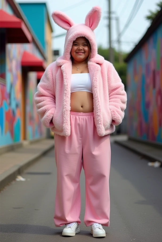 Young and handsome chubby Filipino man in pink fluffy fur cardigan, fluffy bunny hat, white croptop, wide pink pants, and white shoes