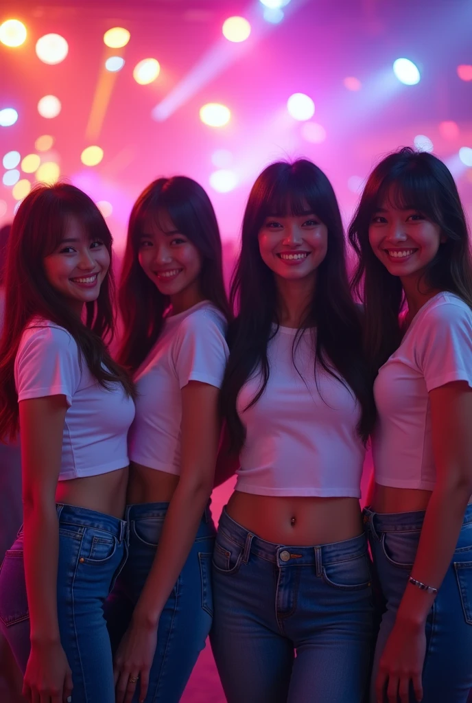 fotografia 1920x1080, ultra-realistic photo, discotheque, Colored lights, night atmosphere, 4 beautiful girls, hitomi tanaka body, sexy poses, white fitted t-shirt, Tight jeans, big breasts