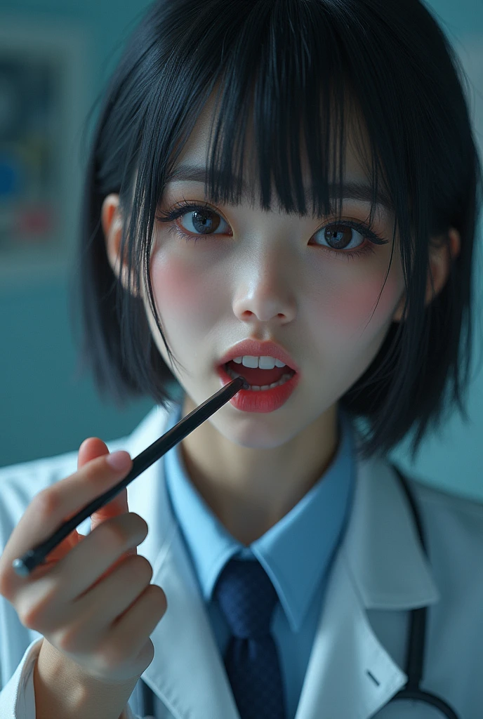 masterpiece, highest quality, (solo focus), (perfect face:1.1), (high detail:1.1), (hyper detailed eyes),Male patientはドギースタイル、Bright torture chamber、High School Uniform、1XGALX Mistress 、performing colonoscope insertion、(Sadistic schoolgirl inserts colonoscope into patient's anus:2)、1XG member mistress with colonoscopy、A crazy smile、Look at viewers、He enjoys inserting a colonoscope into his patient's anus.