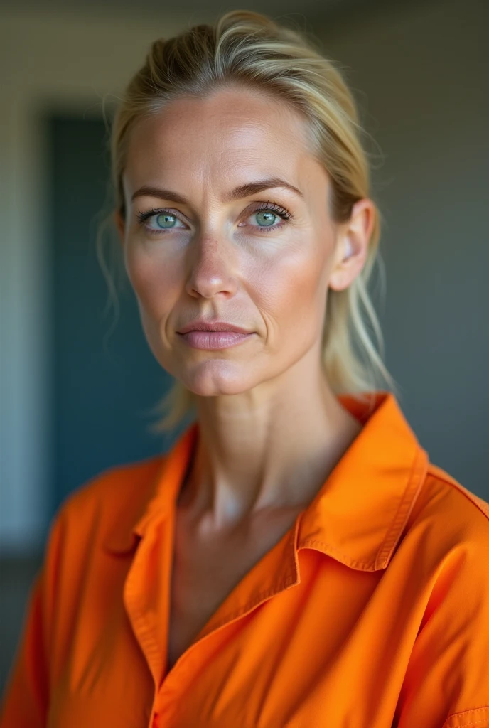(Photorealism:1.2), one white woman in orange prisoner jumpsuit, 40 years old, portrait, blond, ponytail haircut, frontal, neutral facial expression, high resolution, 4K, UHD, high detail skin Texturen, no makeup