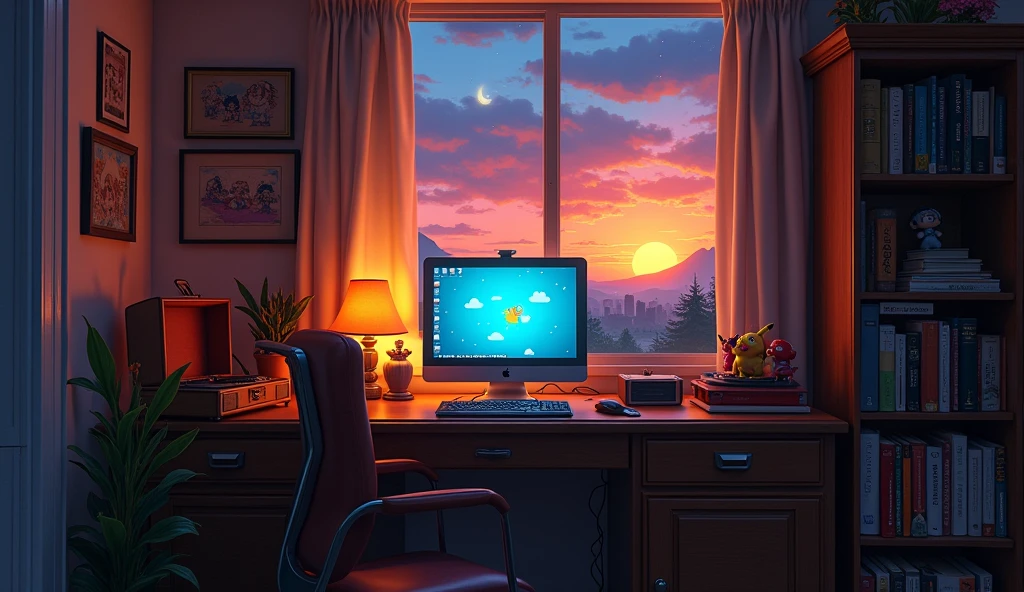 evening, 2D Style Anime, Lo-Fi, hard disk, Dark Environment、Desktop PC、unmanned、Private room、window、Bookshelf、sunset、record player、Ghibli style、Retro、Pokémon-like